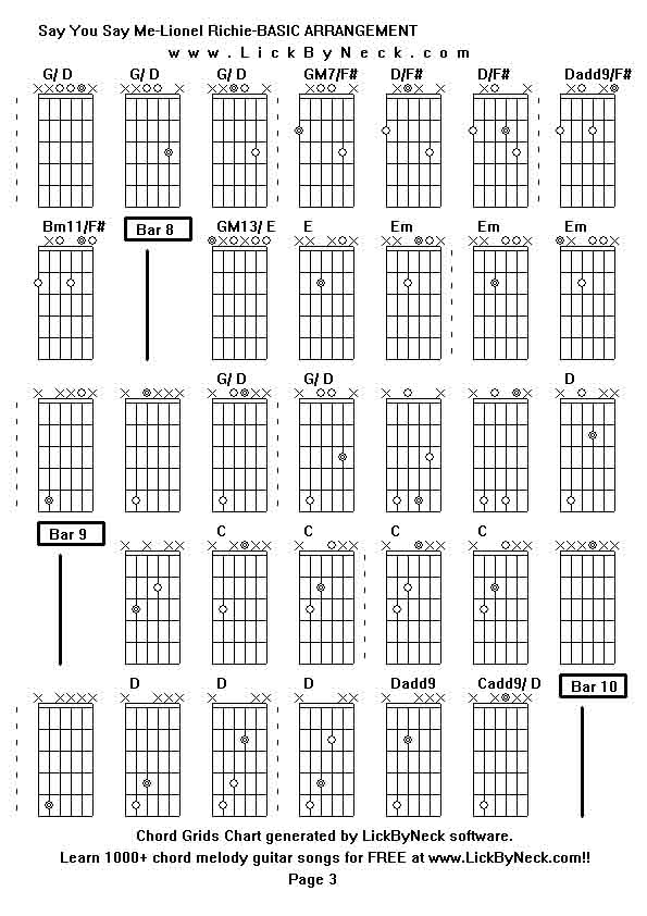 Chord Grids Chart of chord melody fingerstyle guitar song-Say You Say Me-Lionel Richie-BASIC ARRANGEMENT,generated by LickByNeck software.